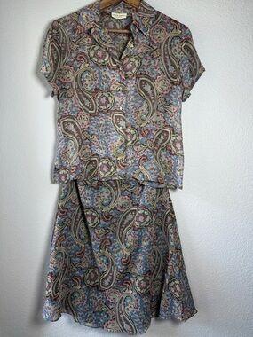 Vintage Valerie Stevens Silk Paisley Two Piece Set Petite 8P Blue Boho